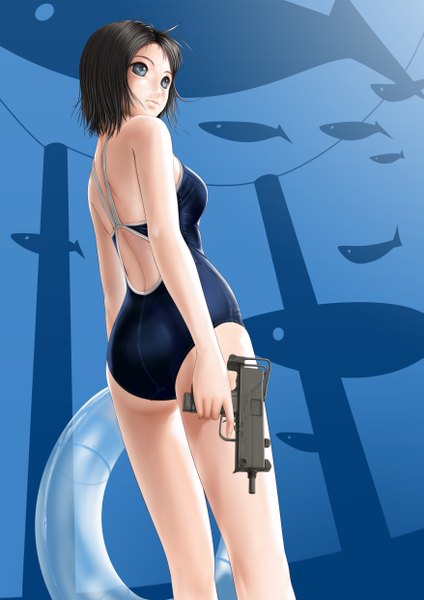 Anime picture 1753x2480 with original kirin404 single tall image highres short hair black hair black eyes back girl swimsuit fish (fishes)