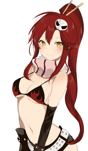 Anime picture 550x944 with tengen toppa gurren lagann gainax yoko littner lpip single long hair tall image looking at viewer blush fringe breasts light erotic simple background smile hair between eyes white background bare shoulders yellow eyes ponytail red hair
