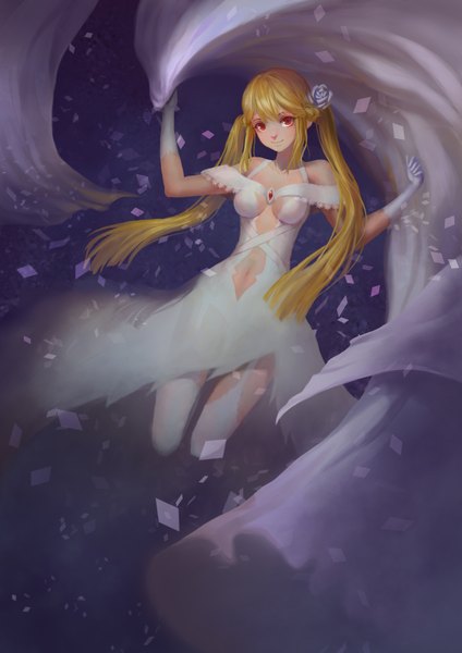 Anime picture 2480x3508 with original criin single long hair tall image looking at viewer fringe highres breasts blonde hair smile red eyes twintails holding hair flower purple background girl thighhighs dress gloves