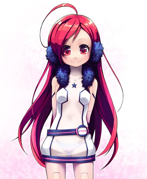 Anime picture 1150x1400 with vocaloid miki (vocaloid) lena (zoal) single tall image light erotic simple background smile red eyes white background pink hair ahoge very long hair transparent mechanical parts robot joints girl dress underwear panties
