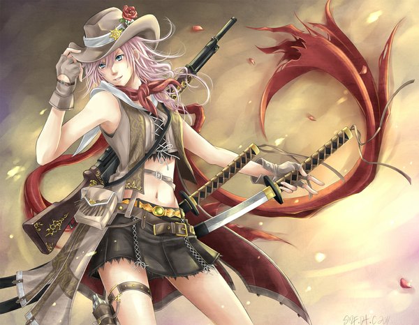 Anime picture 1029x800 with final fantasy final fantasy xiii square enix lightning farron slapmyface single long hair blue eyes smile looking away pink hair lips inscription teeth girl skirt navel weapon hat sword