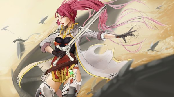 Anime picture 5760x3240 with forgotten-wings single long hair highres breasts open mouth wide image standing twintails holding absurdres red hair pink eyes multicolored hair wind gradient hair eyebrows fantasy girl gloves