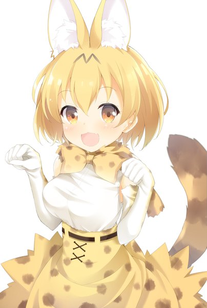 Anime picture 752x1115 with kemono friends serval (kemono friends) maccha single tall image looking at viewer blush fringe short hair breasts open mouth simple background blonde hair smile hair between eyes white background bare shoulders brown eyes animal ears tail