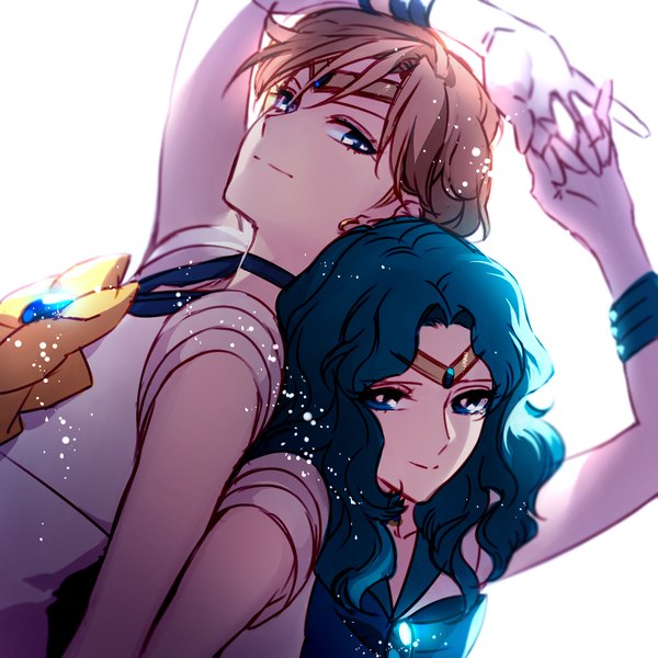 Anime picture 1536x1536 with bishoujo senshi sailor moon toei animation kaiou michiru tenou haruka sailor neptune sailor uranus tayuya1130 long hair looking at viewer fringe short hair blue eyes simple background blonde hair smile white background multiple girls holding blue hair armpit (armpits)