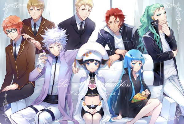 Anime picture 2062x1391 with katekyou hitman reborn byakuran uni (khr) bluebell irie shouichi spanner kikyo (khr) zakuro (reborn) gamma ekita xuan long hair looking at viewer highres short hair blue eyes blonde hair red eyes sitting multiple girls blue hair