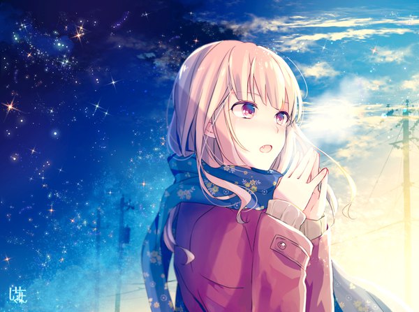 Anime picture 894x667 with original goma (11zihisin) single long hair blush open mouth blonde hair purple eyes signed looking away sky cloud (clouds) sunlight blurry night fang (fangs) night sky light exhalation hand to mouth