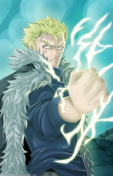 Anime picture 2000x3114 with fairy tail laxus dreyar ric9duran single tall image highres short hair blonde hair yellow eyes coloring magic scar smoke electricity boy fur fist