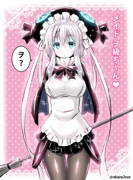 Anime picture 741x1000 with kantai collection wo-class aircraft carrier akaza single long hair tall image looking at viewer blush silver hair aqua eyes maid alternate costume hands behind back white skin shinkaisei-kan girl dress pantyhose headdress bowtie