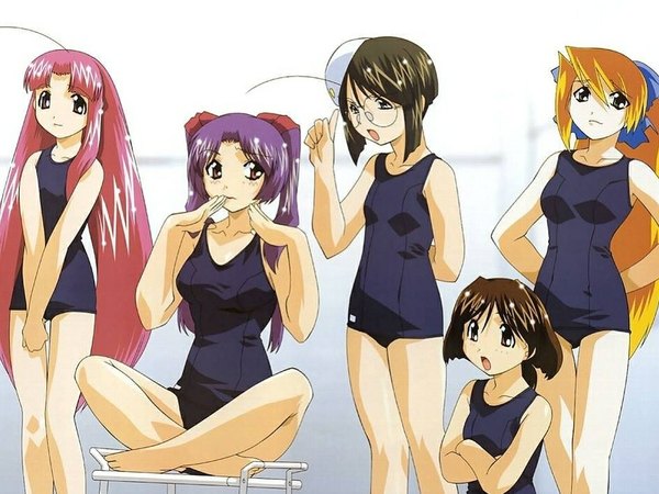 Anime picture 1024x768 with tenshi no shippo usagi no mika saru no momo swimsuit one-piece swimsuit school swimsuit kitsune no akane tanuki no midori kame no ayumi