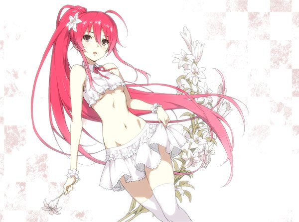 Anime picture 1241x923 with original morisawa haruyuki single fringe open mouth light erotic white background ahoge ponytail red hair very long hair hair flower no bra bare belly midriff zettai ryouiki sleeveless underboob groin checkered