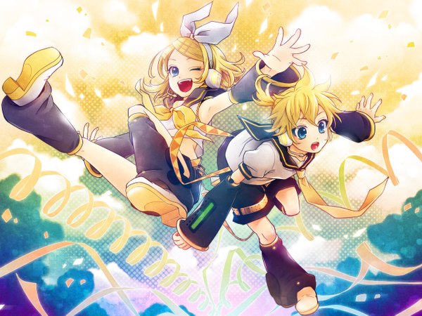 Anime picture 1280x960 with vocaloid kagamine rin kagamine len koyama rikako blush short hair open mouth blue eyes blonde hair cloud (clouds) ponytail nail polish one eye closed wink teeth fang (fangs) wallpaper sleeveless happy flying