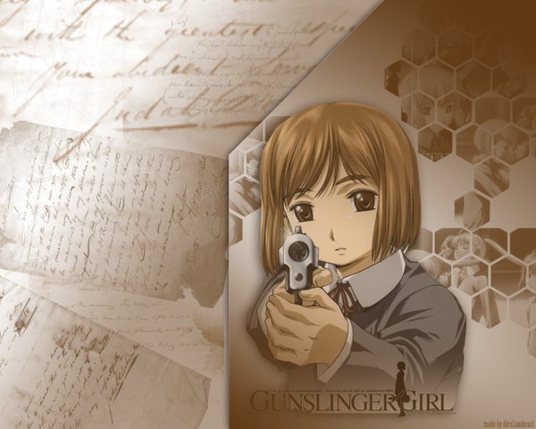 Anime picture 1280x1024 with gunslinger girl madhouse henrietta (gunslinger girl) invincible single looking at viewer short hair brown hair brown eyes signed upper body wallpaper copyright name third-party edit polychromatic girl weapon gun pistol