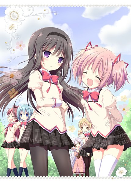 Anime picture 715x1000 with mahou shoujo madoka magica shaft (studio) akemi homura kaname madoka sakura kyouko miki sayaka tomoe mami momoe nagisa nanase miori long hair tall image blush short hair open mouth blue eyes black hair blonde hair smile twintails purple eyes