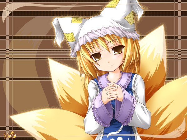 Anime picture 1600x1200 with touhou yakumo ran kazami karasu highres short hair blonde hair smile animal ears yellow eyes tail wallpaper fox ears fox tail multiple tails girl hat