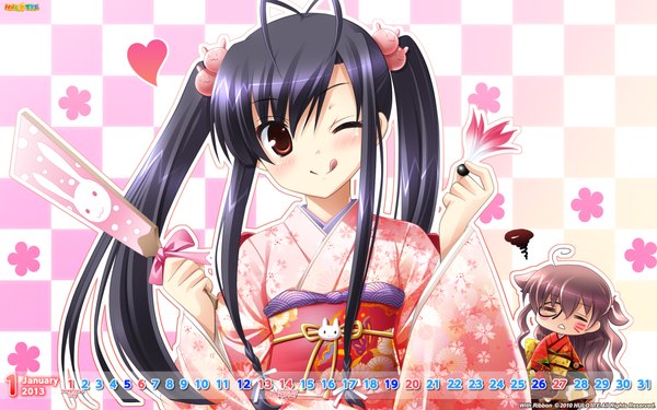 Anime picture 1920x1200 with with ribbon hosaka hina haruka hinata ikegami akane long hair highres black hair red eyes wide image twintails traditional clothes japanese clothes one eye closed wink :p new year 2013 calendar 2013 girl heart