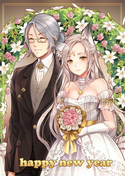 Anime picture 748x1050 with original j.lili long hair tall image blonde hair bare shoulders animal ears yellow eyes silver hair eyes closed couple girl dress boy gloves flower (flowers) glasses bouquet wedding dress