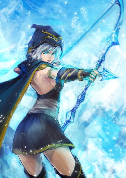Anime picture 1240x1754 with league of legends ashe (league of legends) aa2233a single tall image short hair blue eyes ass white hair girl dress bow weapon detached sleeves hood arrow (arrows)