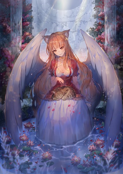 Anime picture 729x1032 with mabinogi khj single long hair tall image fringe breasts sitting brown eyes animal ears cleavage blunt bangs light smile cat ears orange hair arm support short sleeves partially submerged looking down angel wings