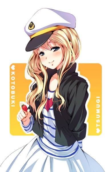 Anime picture 800x1232 with k-on! kyoto animation kotobuki tsumugi senji (tegone spike) long hair tall image looking at viewer blush blue eyes blonde hair smile girl dress food berry (berries) peaked cap strawberry