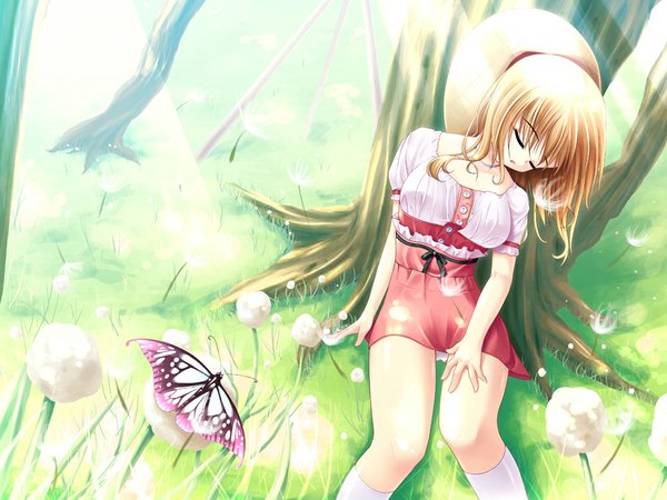 Anime picture 1000x750 with original mine (1-1-1) long hair blonde hair eyes closed sleeping girl plant (plants) hat tree (trees) insect butterfly sundress