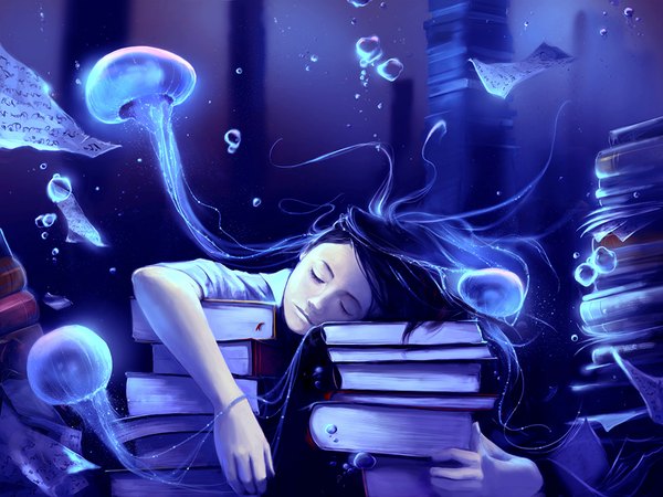 Anime picture 1000x750 with original aquasixio (artist) single long hair black hair eyes closed realistic underwater sleeping dreaming girl uniform school uniform shirt water white shirt book (books) bubble (bubbles) jellyfish