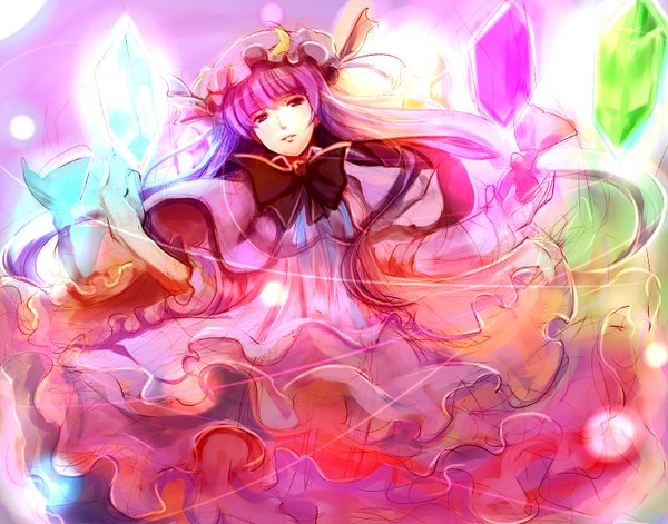 Anime picture 1400x1100 with touhou dearmybrothers single long hair fringe breasts red eyes pink hair light smile lips girl dress hair ornament bow hair bow hat bowtie moon crystal