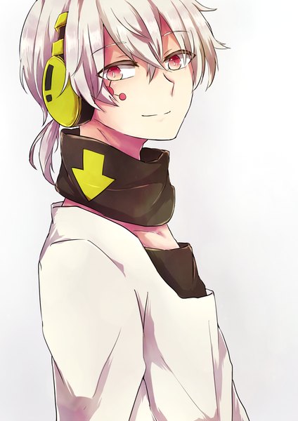 Anime picture 777x1100 with kagerou project shaft (studio) konoha (kagerou project) ringomaru single tall image looking at viewer short hair simple background smile red eyes white background silver hair boy headphones scarf
