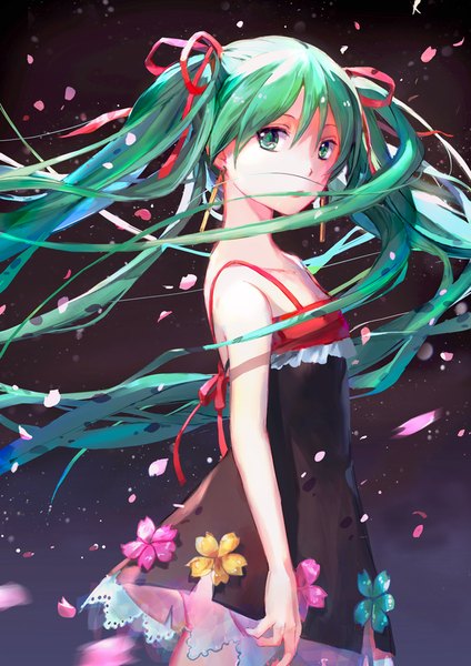 Anime picture 700x990 with vocaloid hatsune miku mimi n (futarinokizuna) single long hair tall image looking at viewer fringe hair between eyes standing twintails green eyes green hair wind alternate costume sleeveless dark background girl dress flower (flowers)