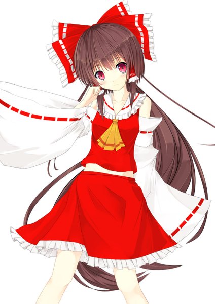 Anime picture 1000x1415 with touhou hakurei reimu niboss long hair tall image black hair simple background red eyes white background miko girl skirt bow hair bow detached sleeves skirt set