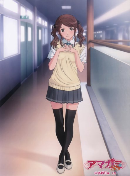 Anime picture 3215x4356 with amagami nakata sae single tall image highres brown hair twintails brown eyes absurdres short twintails girl thighhighs black thighhighs serafuku