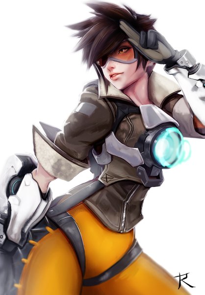Anime picture 837x1200 with overwatch blizzard entertainment tracer (overwatch) ryumi-gin single tall image short hair black hair simple background white background yellow eyes looking away lips salute girl goggles