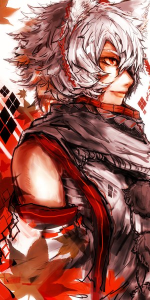 Anime picture 1000x2000 with touhou inubashiri momiji derorin8641 single tall image fringe short hair smile red eyes animal ears white hair profile hair over one eye wolf ears sketch girl ribbon (ribbons) detached sleeves tokin hat