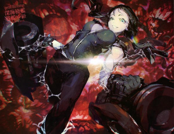 Anime picture 5277x4097 with kantai collection ru-class battleship oguchi (sugimoto gang) long hair looking at viewer highres breasts black hair smile holding green eyes absurdres inscription teeth light jumping dual wielding girl gloves weapon