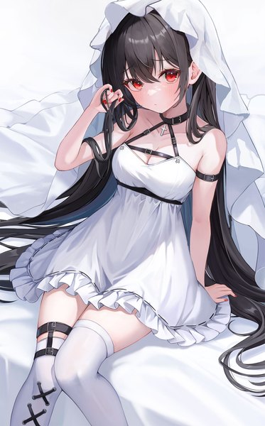 Anime picture 1555x2500 with original funii single long hair tall image looking at viewer fringe breasts black hair simple background hair between eyes red eyes white background sitting bare shoulders cleavage nail polish head tilt arm support frilled dress