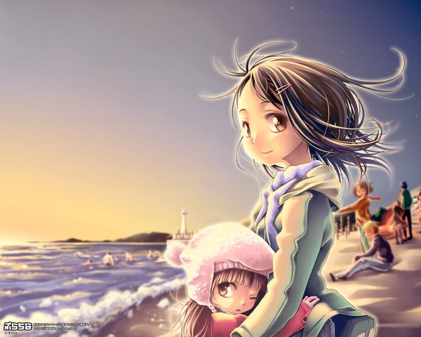 Anime picture 1280x1024 with looking at viewer short hair smile brown hair multiple girls brown eyes loli group girl hair ornament hairclip cap