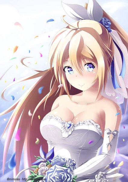 Anime picture 640x905 with nisekoi shaft (studio) kirisaki chitoge mimelex single long hair tall image looking at viewer blush fringe breasts blue eyes light erotic blonde hair smile hair between eyes large breasts bare shoulders holding signed