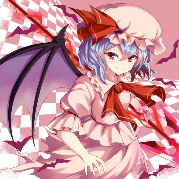 Anime picture 800x800 with touhou remilia scarlet takehana note single fringe short hair smile hair between eyes red eyes blue hair looking away from above short sleeves torn clothes pink background bat wings checkered checkered background girl weapon