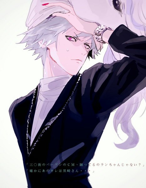 Anime picture 700x900 with uta no prince-sama a-1 pictures kurosaki ranmaru akita (pixiv63325) tall image looking at viewer short hair simple background white background nail polish pink eyes grey hair sweat hand on head multicolored eyes mask on head white eyes boy bracelet mask