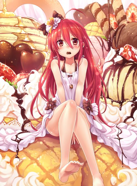 Anime picture 1000x1364 with shakugan no shana j.c. staff shana ks long hair tall image looking at viewer blush red eyes sitting holding red hair barefoot bare legs mouth hold valentine girl dress bow hair bow