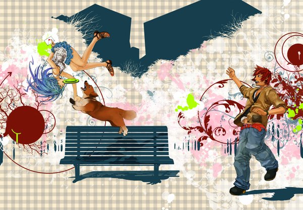 Anime picture 1666x1155 with original takuma (artist) long hair short hair blue eyes brown eyes blue hair red hair upside down welsh corgi girl boy skirt plant (plants) animal tree (trees) clock dog jeans bench