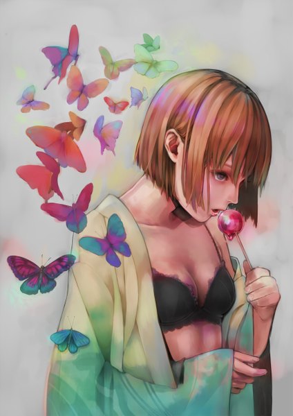 Anime picture 1753x2480 with original hc (pixiv) single tall image highres short hair open mouth light erotic simple background grey background open clothes girl insect butterfly lollipop