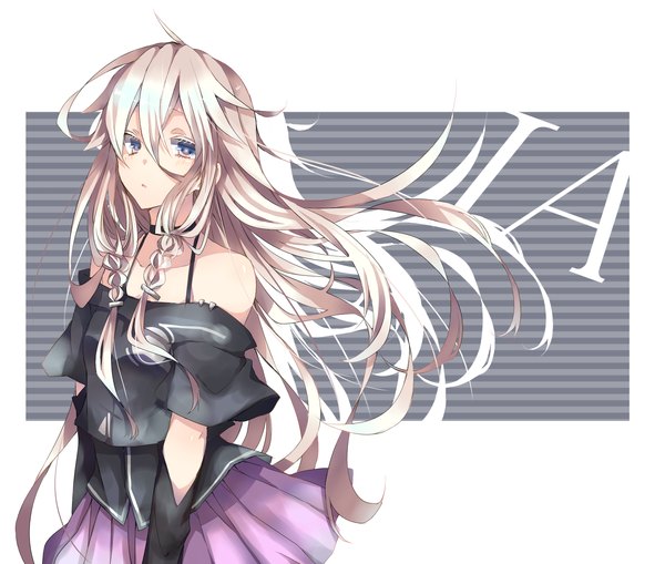 Anime picture 1700x1443 with vocaloid ia (vocaloid) umigumo yuuna single long hair looking at viewer blue eyes bare shoulders white hair braid (braids) twin braids girl dress skirt