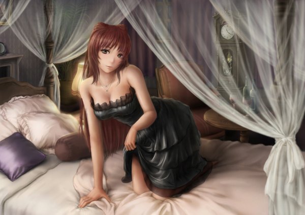 Anime picture 1280x904 with to heart 2 leaf (studio) kousaka tamaki kunai (tama) single long hair breasts light erotic bare shoulders brown eyes cleavage red hair lips realistic kneeling undressing girl dress bed