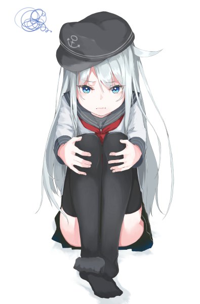 Anime picture 3160x4800 with kantai collection hibiki destroyer mugcup long hair tall image looking at viewer fringe highres blue eyes simple background hair between eyes white background sitting payot absurdres silver hair ahoge long sleeves from above no shoes