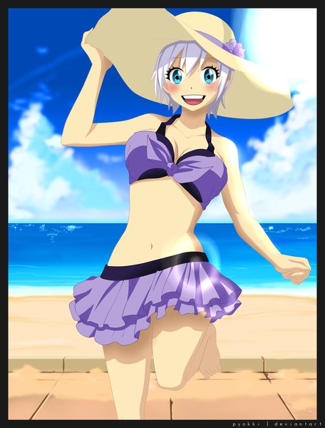 Anime picture 3951x5200 with fairy tail lisanna strauss pyokkii single tall image blush highres short hair open mouth blue eyes light erotic smile absurdres sky cloud (clouds) white hair sunlight beach coloring girl
