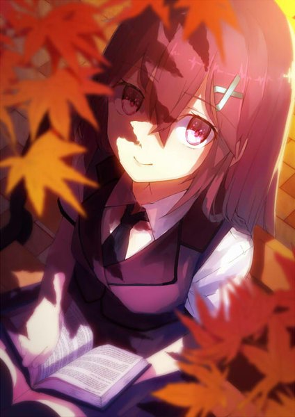 Anime picture 566x800 with original yasumo (kuusouorbital) single long hair tall image looking at viewer fringe smile purple eyes holding red hair from above shadow girl hair ornament shirt necktie white shirt book (books) leaf (leaves)