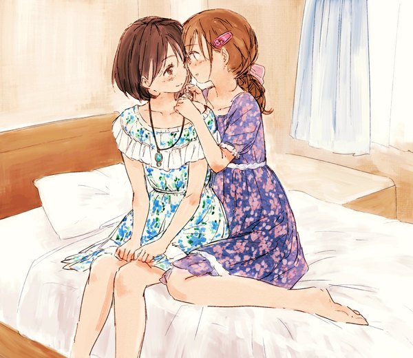 Anime picture 1176x1020 with original syou long hair blush short hair smile brown hair sitting multiple girls brown eyes bent knee (knees) indoors barefoot no shoes shoujo ai face to face girl dress hair ornament bow