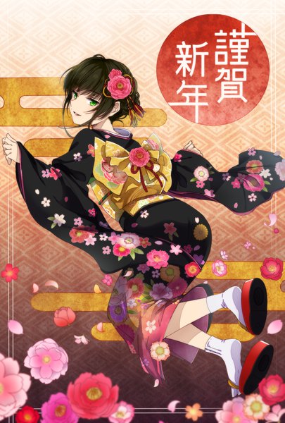 Anime picture 1181x1748 with original takeko spla single tall image looking at viewer fringe short hair black hair green eyes traditional clothes japanese clothes looking back spread arms new year nengajou egasumi girl hair ornament flower (flowers) petals