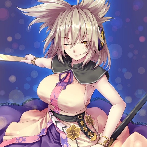 Anime picture 2000x2000 with touhou toyosatomimi no miko tro single long hair highres blonde hair yellow eyes one eye closed wink girl headphones