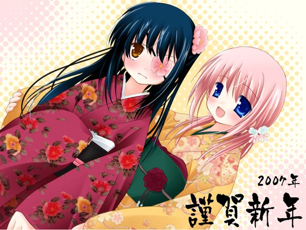 Anime picture 1600x1200 with gintama sunrise (studio) kagura (gintama) yagyuu kyuubei natsume eri long hair blush fringe open mouth blue eyes black hair red eyes twintails multiple girls pink hair japanese clothes hair flower wide sleeves dutch angle low twintails